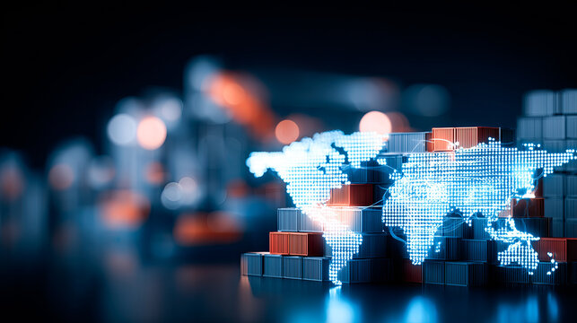 Transportation logistics, supply chain optimization charts, shipping route visualization, cargo port bokeh, global trade analytics