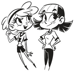 fashionable women in a 1950s-inspired black-and-white cartoon style, bold lines, confident poses, one in a skirt suit, the other in a short skirt and sweater, mid-century modern illustration style
