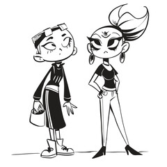 fashionable women in a 1950s-inspired black-and-white cartoon style, bold lines, confident poses, one in a skirt suit, the other in a short skirt and sweater, mid-century modern illustration style