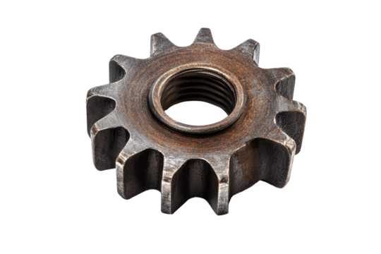 Gear wheel in a clear, isolated view showcasing its distinctive jagged edges and metallic texture with a transparent background for clarity