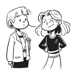 fashionable women in a 1950s-inspired black-and-white cartoon style, bold lines, confident poses, one in a skirt suit, the other in a short skirt and sweater, mid-century modern illustration style