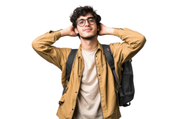 Young male university student casually posing with a backpack, showcasing confidence and a relaxed attitude in a university setting during daytime