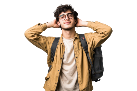 Young male university student casually posing with a backpack, showcasing confidence and a relaxed attitude in a university setting during daytime