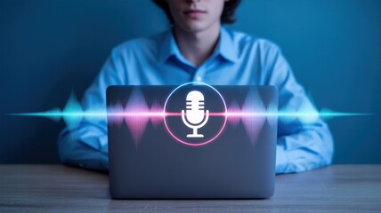 Voice Recognition - A man with a laptop, with a microphone icon and glowing audio waves, symbolizing voice commands and digital assistance