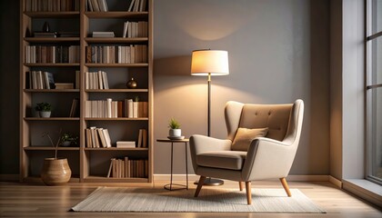 Fototapeta premium A cozy reading nook with a wooden bookcase, armchair, and warm lighting.