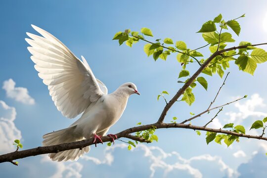 A white dove perched gracefully on a slender branch against a blurred background.
