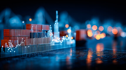 Transportation logistics, supply chain optimization charts, shipping route visualization, cargo port bokeh, global trade analytics