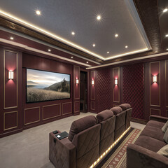 Home theater with deep burgundy walls, velvet acoustic panels, and ambient LED strip lighting.