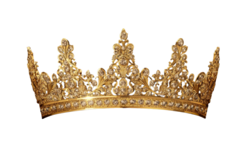 Elegant gold crown on a transparent background showcasing intricate design and sparkling jewels