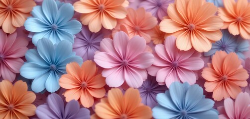 Fototapeta premium Vibrant pastel colored paper flowers artfully layered creating a seamless floral pattern background