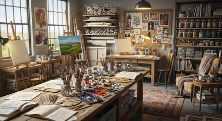 Bright and organized artist studio filled with canvases, paints, and art supplies, showcasing creativity