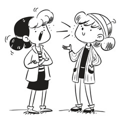 fashionable women in a 1950s-inspired black-and-white cartoon style, bold lines, confident poses, one in a skirt suit, the other in a short skirt and sweater, mid-century modern illustration style
