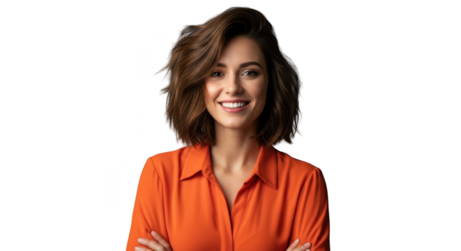 Young woman in orange shirt, arms crossed, isolated on transparent background