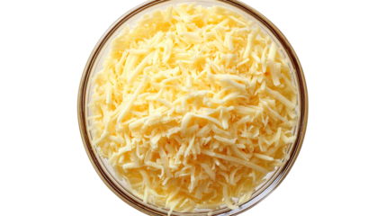 A top down view of a pile of Mexican blend shredded cheese, against a white background.