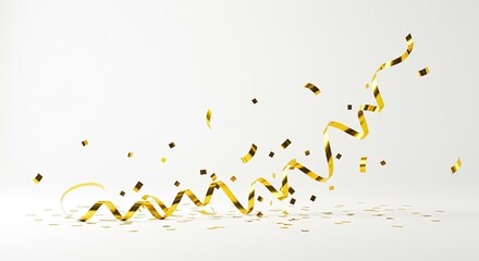 Golden Confetti and Ribbon Celebration on White Background.