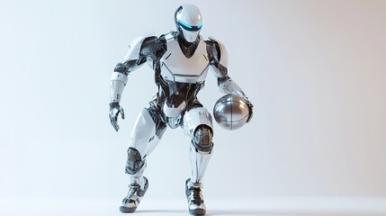 Futuristic robotic humanoid holding a basketball, poised to dribble, showcasing advanced technology and athleticism in a sleek white and metallic design.