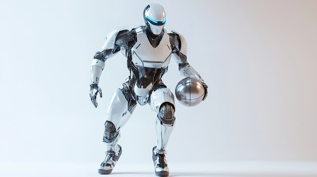 Futuristic robotic humanoid holding a basketball, poised to dribble, showcasing advanced technology and athleticism in a sleek white and metallic design. - Powered by Adobe