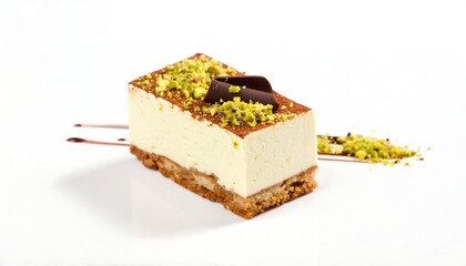 Pistachio Tiramisu Delight: A Decadent Dessert on a Clean White Surface with Chocolate Garnish