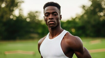 A young man with a serious expression stands outdoors wearing a white sleeveless athletic shirt, with blurred green trees in the background.