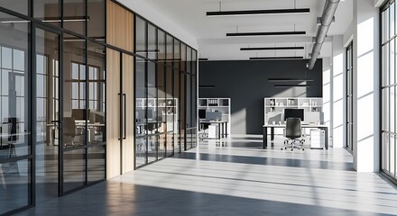 Modern Office Space with Glass Partition and Natural Light Streamlining a Productive Work Environment for Teams and Individuals