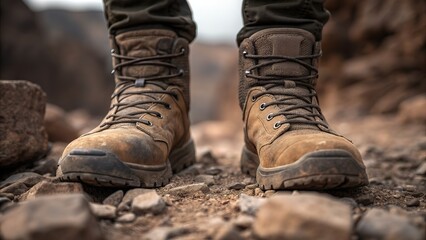Sturdy brown hiking boots stand ready for rugged outdoor adventures on rocky terrain