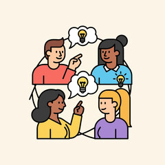 Four people in a circle sharing ideas, represented by lightbulbs in speech bubbles, suggesting collaboration and brainstorming.