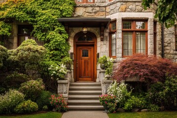 Front Stoop. Fragment of a Classic House with Beautiful Outdoor Landscape in Vancouver, Canada