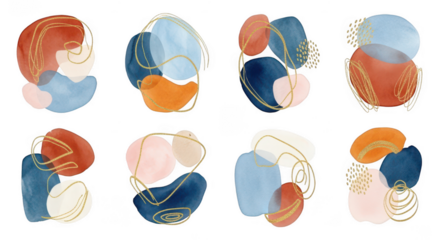 Abstract Watercolor Shapes: A captivating collection of abstract watercolor shapes, gracefully intertwined with golden lines. A vivid artistic display of fluidity, offering a unique perspective.