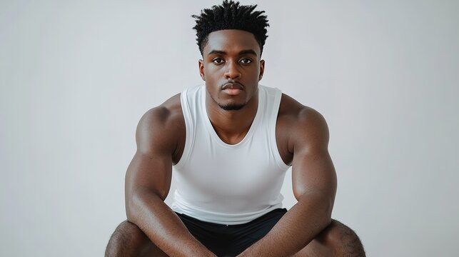 A muscular man in a white tank top sits confidently with a focused expression against a plain background. - Powered by Adobe