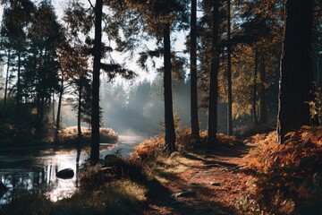 Fototapeta premium Misty forest path by a still stream