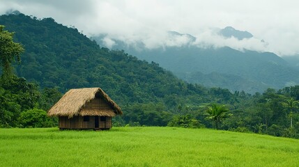A small thatched hut stands in a vibrant green rice field with misty mountains and dense forest in the background under a cloudy sky.