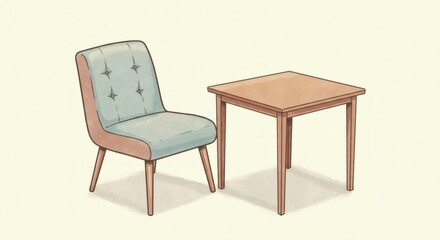 Retro-style armchair and wooden side table. This image exudes a warm and cozy atmosphere, reflecting the design style of the 50s or 60s.