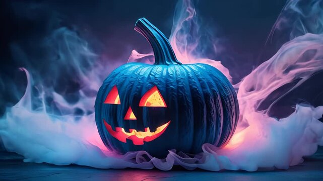 video of blue pumpkin with a neon light on it is surrounded by smoke