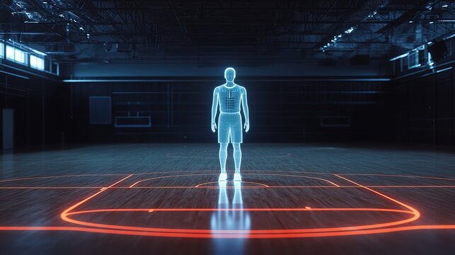 A futuristic digital human figure stands alone on a glowing basketball court within a dark indoor gymnasium.