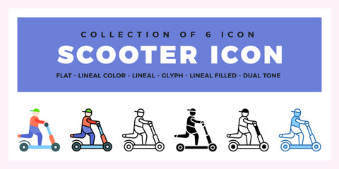 Scooter Icon Set. Collection of 6 Lineal. Glyph. and Dual-Tone Icons
