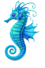 Vibrant blue and turquoise ornamental seahorse illustration with intricate spiral patterns, isolated on white background, perfect for marine-themed designs, prints, and creative projects.