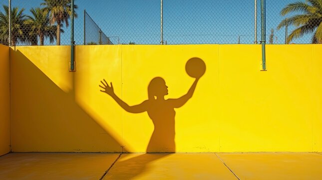 shadow of a man playing with ball on a yellow wall palm trees and sky behind the wall also in the image ai generated - Powered by Adobe