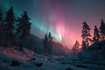 Winter wonderland with vibrant aurora borealis
