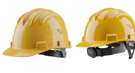 Safety First: Two identical, vibrant yellow construction hard hats stand side-by-side, a symbol of safety and preparedness for any industrial or construction site.