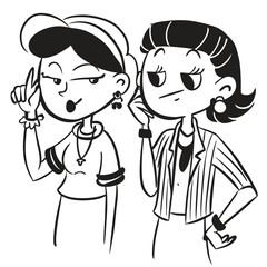 fashionable women in a 1950s-inspired black-and-white cartoon style, bold lines, confident poses, one in a skirt suit, the other in a short skirt and sweater, mid-century modern illustration style