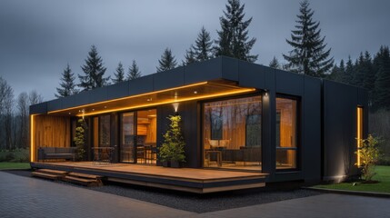 Obraz premium Modern Prefabricated Modular Home Exterior with Wood Deck and Large Windows in a Natural Setting