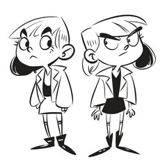 fashionable women in a 1950s-inspired black-and-white cartoon style, bold lines, confident poses, one in a skirt suit, the other in a short skirt and sweater, mid-century modern illustration style