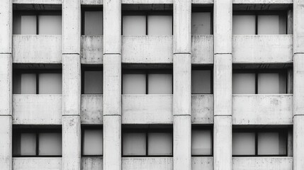 A monochrome photo of a concrete building facade featuring repetitive rectangular windows and vertical columns, showcasing brutalist architectural style.