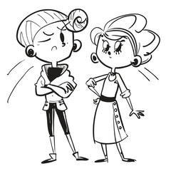 fashionable women in a 1950s-inspired black-and-white cartoon style, bold lines, confident poses, one in a skirt suit, the other in a short skirt and sweater, mid-century modern illustration style