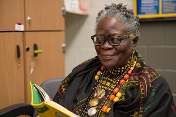 Smiling teacher reading a storybook to a group of attentive children in a colorful classroom with educational posters on the cabinets.