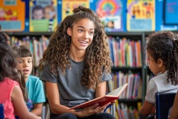 Smiling teacher reading a storybook to a group of attentive children in a colorful classroom with educational posters on the cabinets.