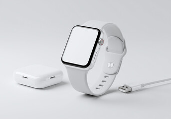 Fototapeta premium Smart Watch on White Seamless Background Minimalist Technology Mockup Style