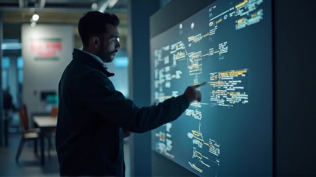 Innovative Technologist Analyzing Complex Data Visualization on Interactive Screen