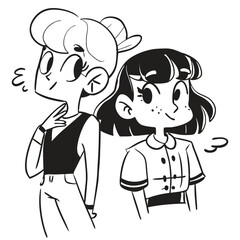 fashionable women in a 1950s-inspired black-and-white cartoon style, bold lines, confident poses, one in a skirt suit, the other in a short skirt and sweater, mid-century modern illustration style