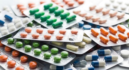Variety of colorful pills and capsules in blister packs pharmaceutical products and medicine concepts with health care industry